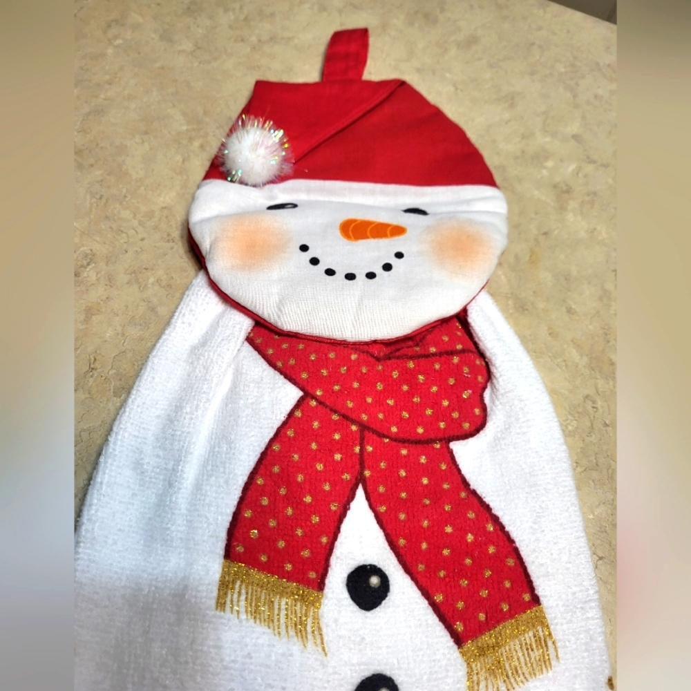 Holly Jolly Snowman Kitchen towel in red and gold!